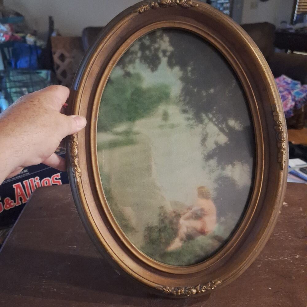 Antique Gold Tone Decorated Oval Frame - 11" W x 15" L x 1.0" D W Woman At Lake